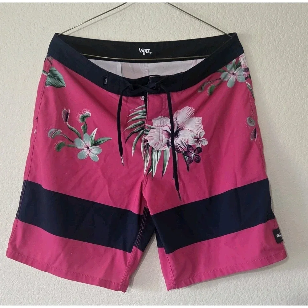 Mens Pink Floral Venus Fly Trap Vans 4 Way Stretch Swim Board Shorts Size 30